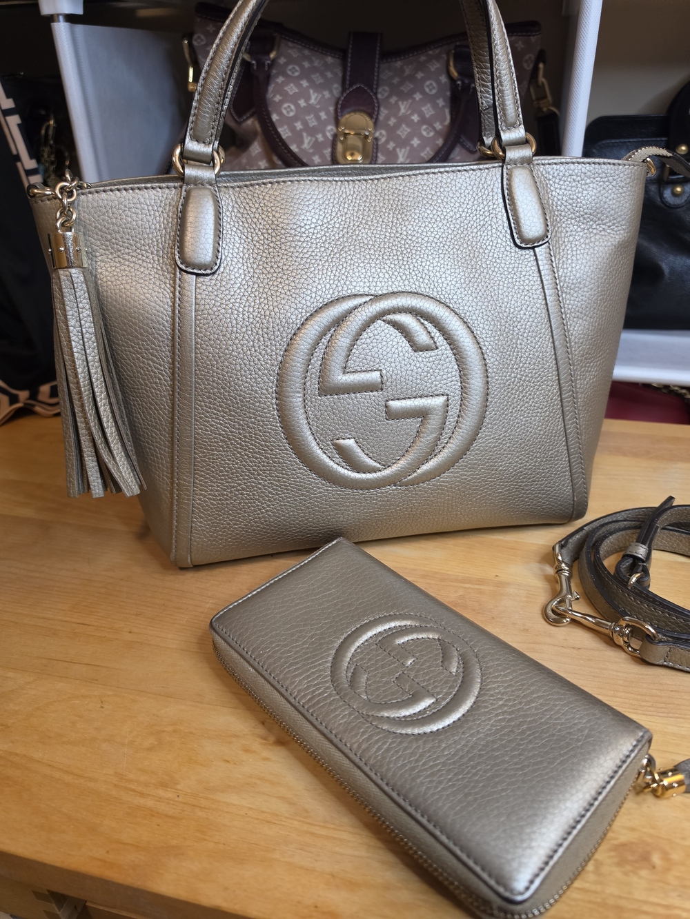 Gucci Metallic Gold Soho Pebbled Leather Satchel/ Crossbody Bag Set